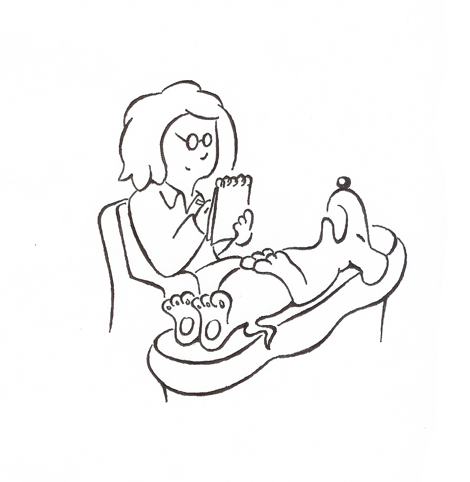 Line drawing of a woman with a dog