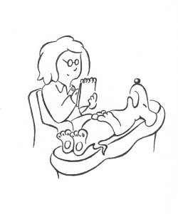 Line drawing of a woman with a dog
